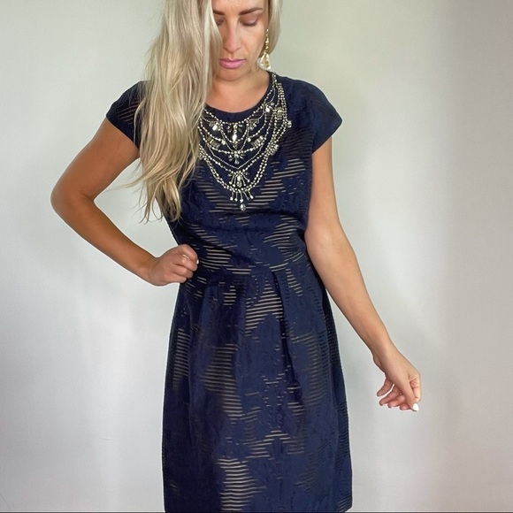 Lela Rose Navy Blue Jeweled Neck Full Skirt Dress - Picture 5 of 16